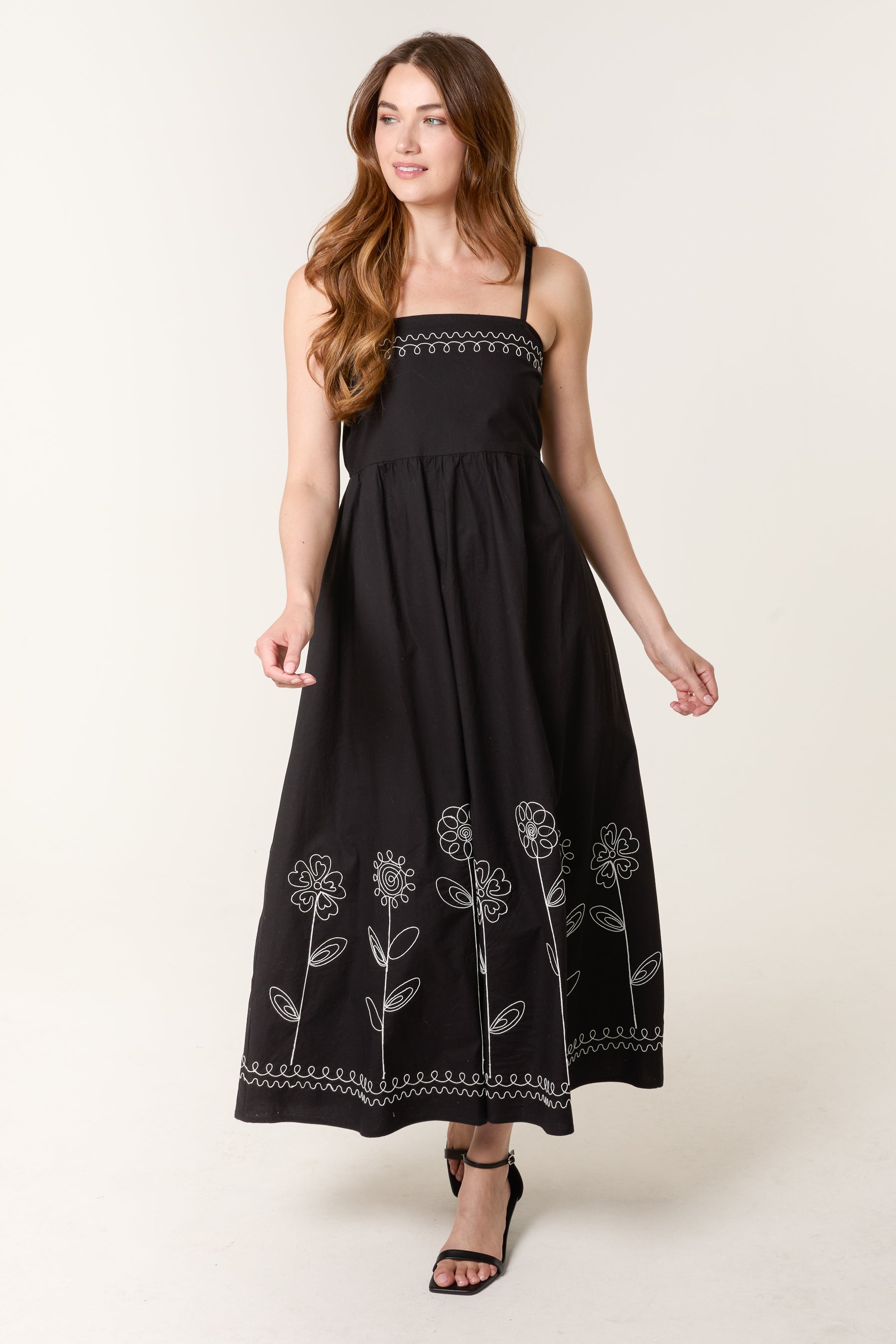 Strappy Floral Embroidered Cotton Midi Dress - L BLACK