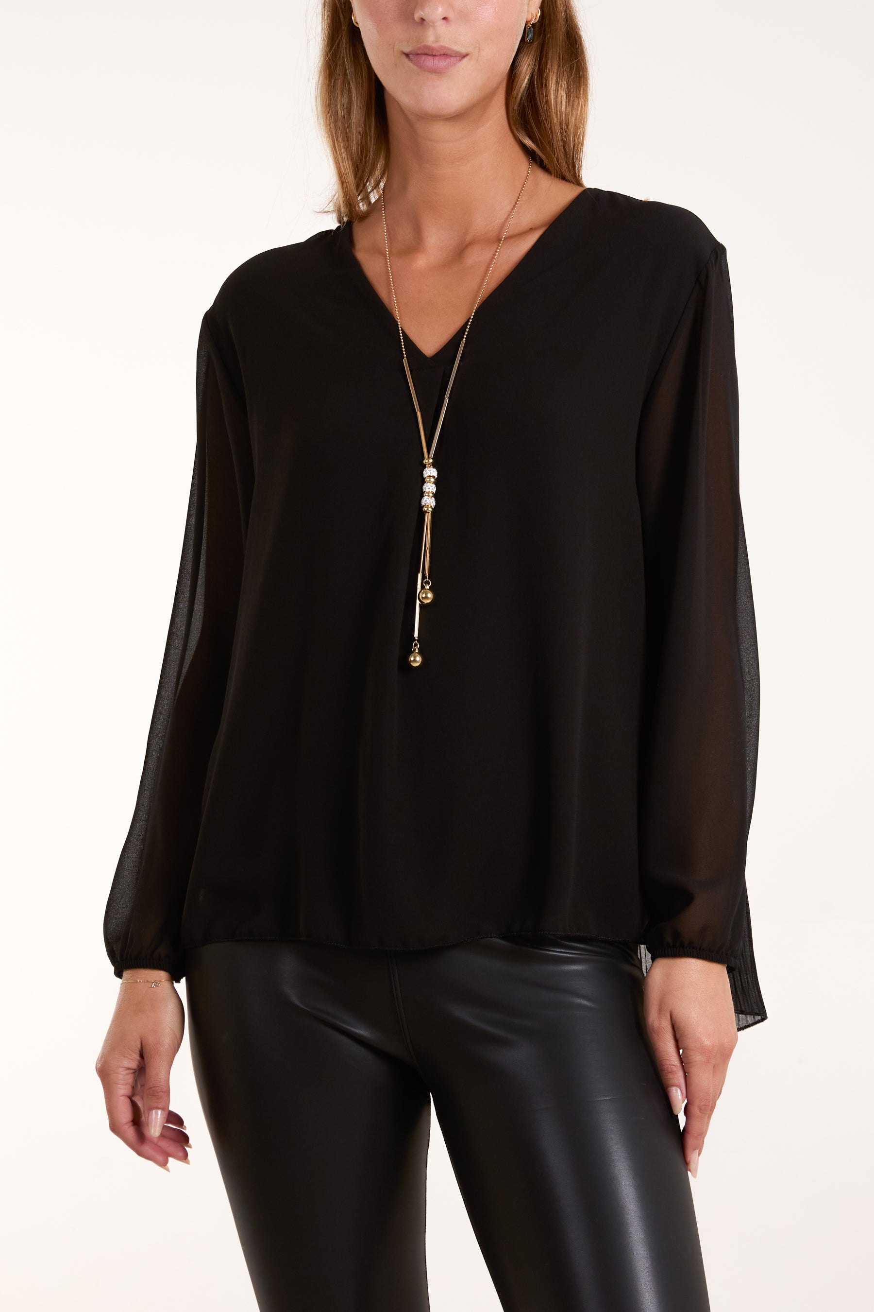 Chiffon V Neck Blouse - SM BLACK
