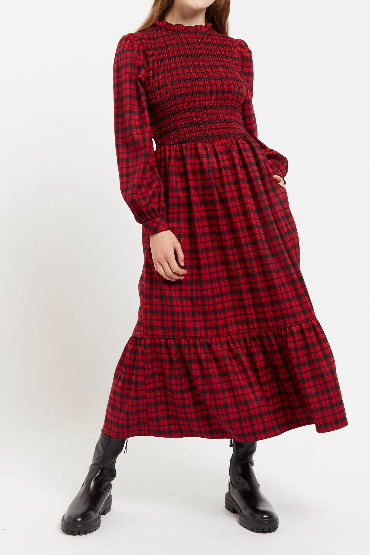Louche Peppi Winter Gingham Midi Dress Red - RedBlack