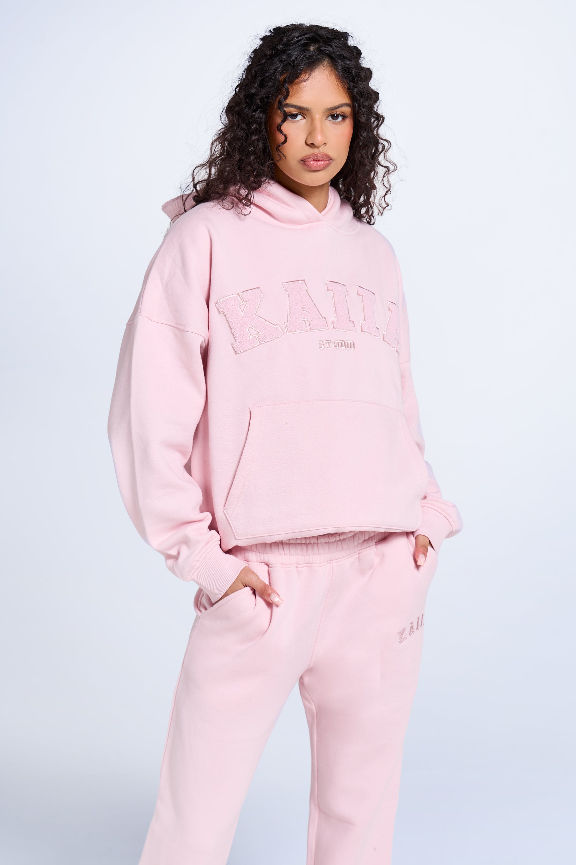 Kaiia Studio Borg Slogan Oversized Hoodie Pink Chai