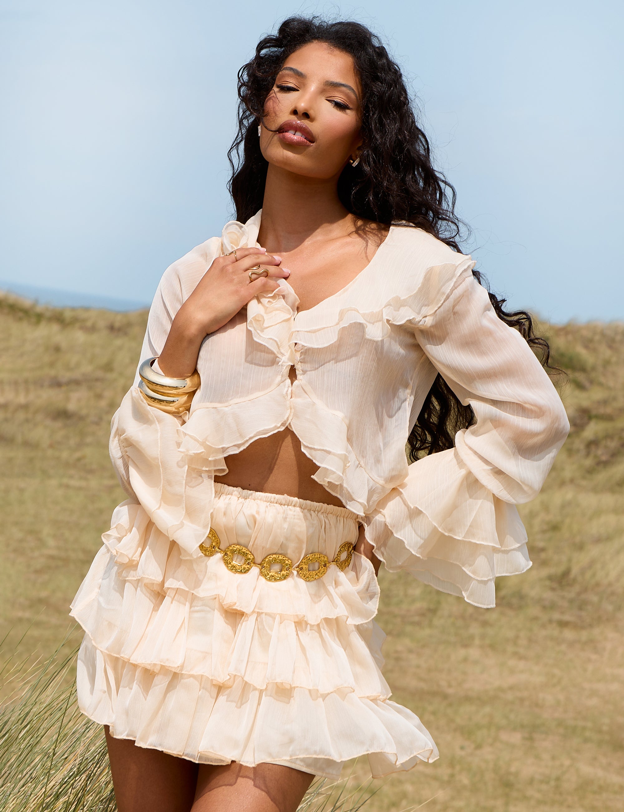 Sheer Ruffled Long Sleeve Crop Top Stone