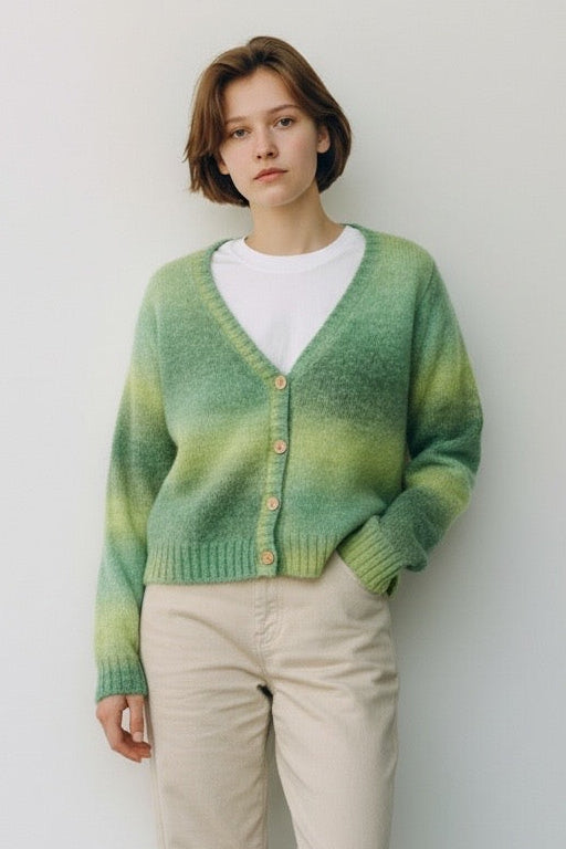 Thao V Neck Space Dyed Cardigan - Green