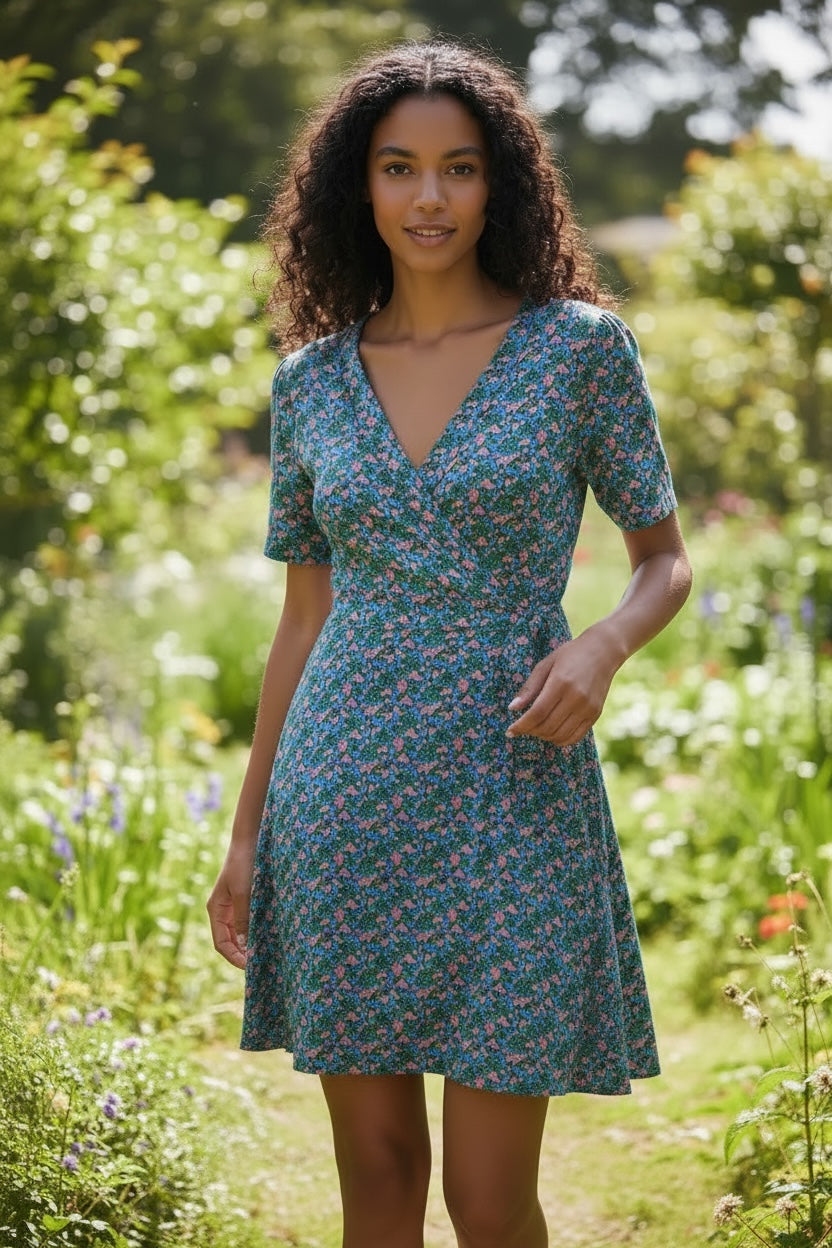 Frankie Spring Bloom Wrap Mini Jersey Dress - BluePink