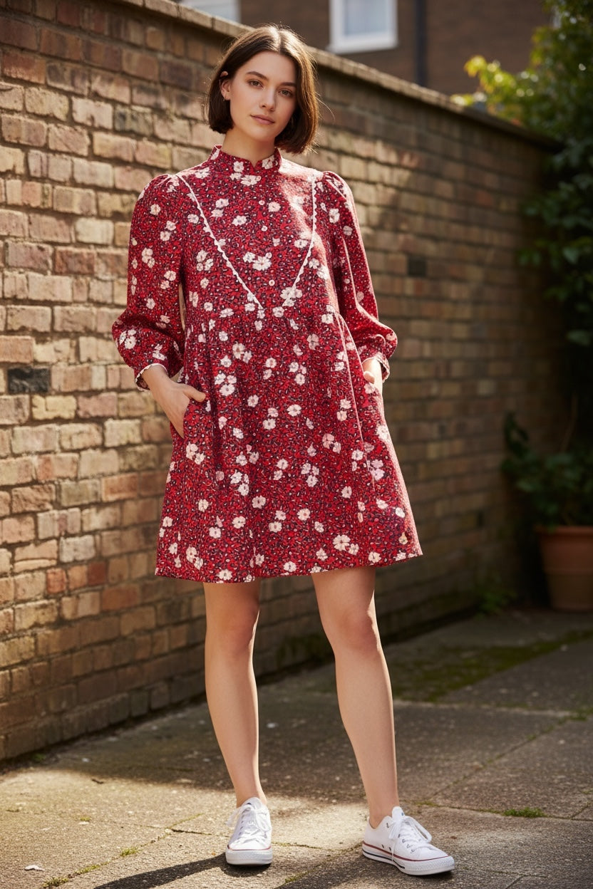 Louche Suzanne Roaring Daisy Print Long Sleeve Mini Dress - Red - Red