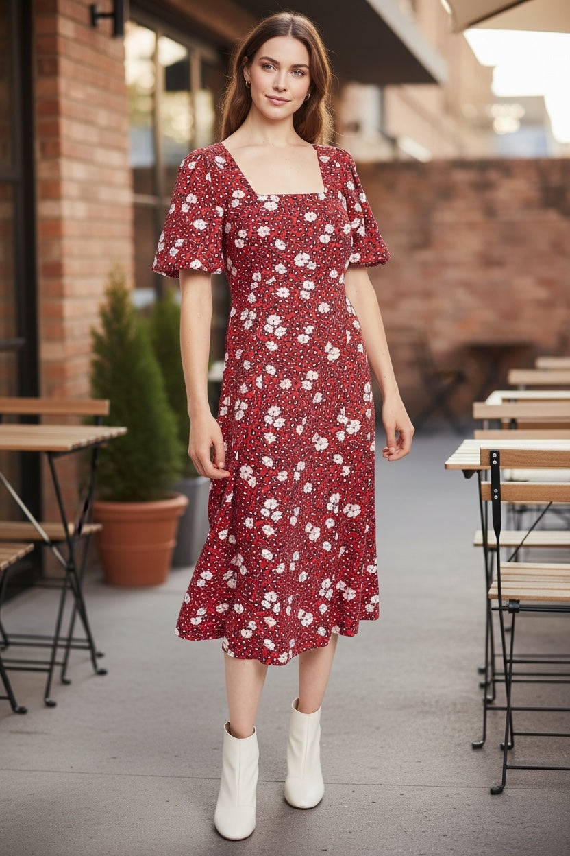 Louche Nadine Roaring Daisy Print Square Neck Balloon Sleeve Midi Dress Red - Red