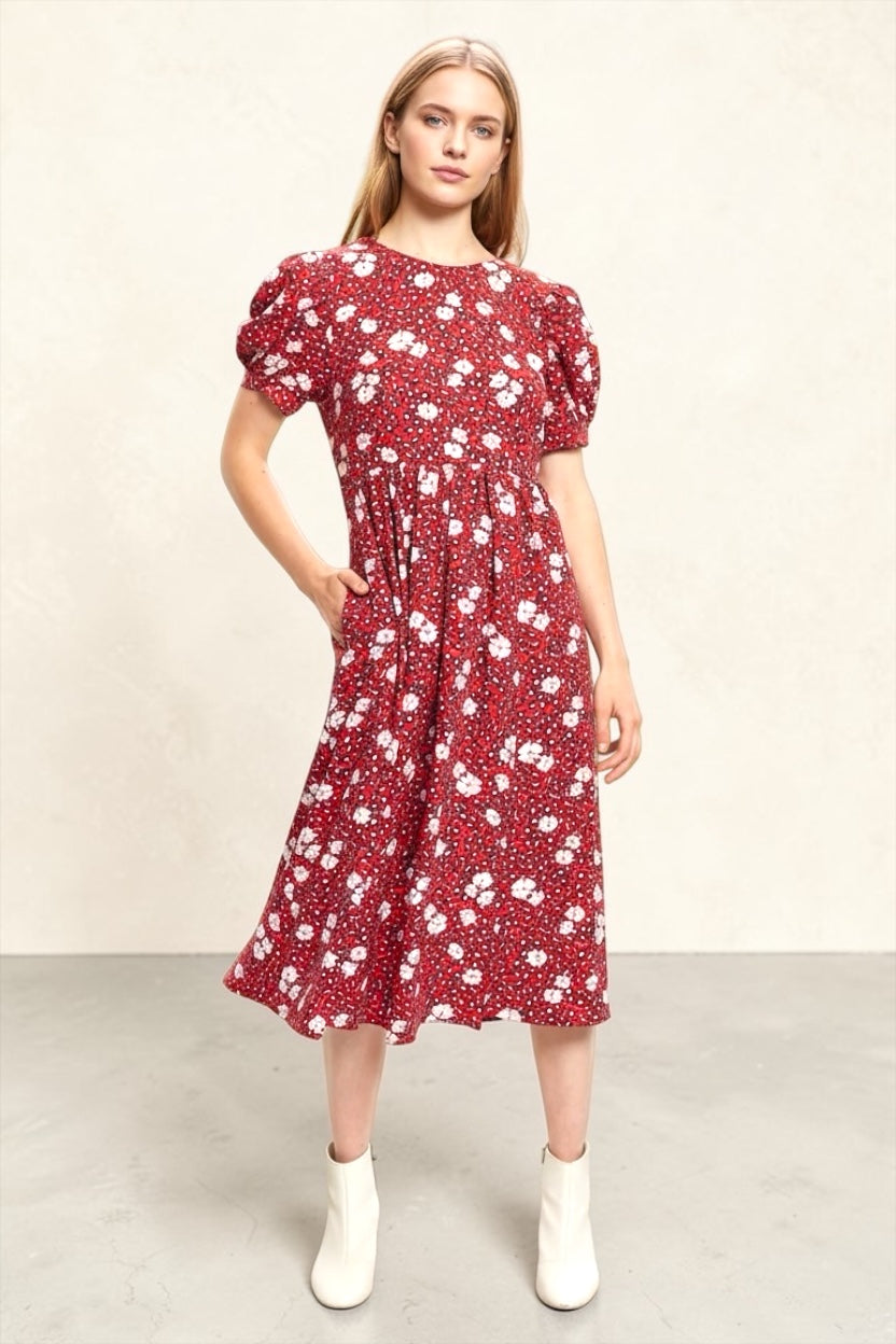 Louche Stasia Roaring Daisy Print V Back Puff Sleeve Midi Dress Red - RedWhite