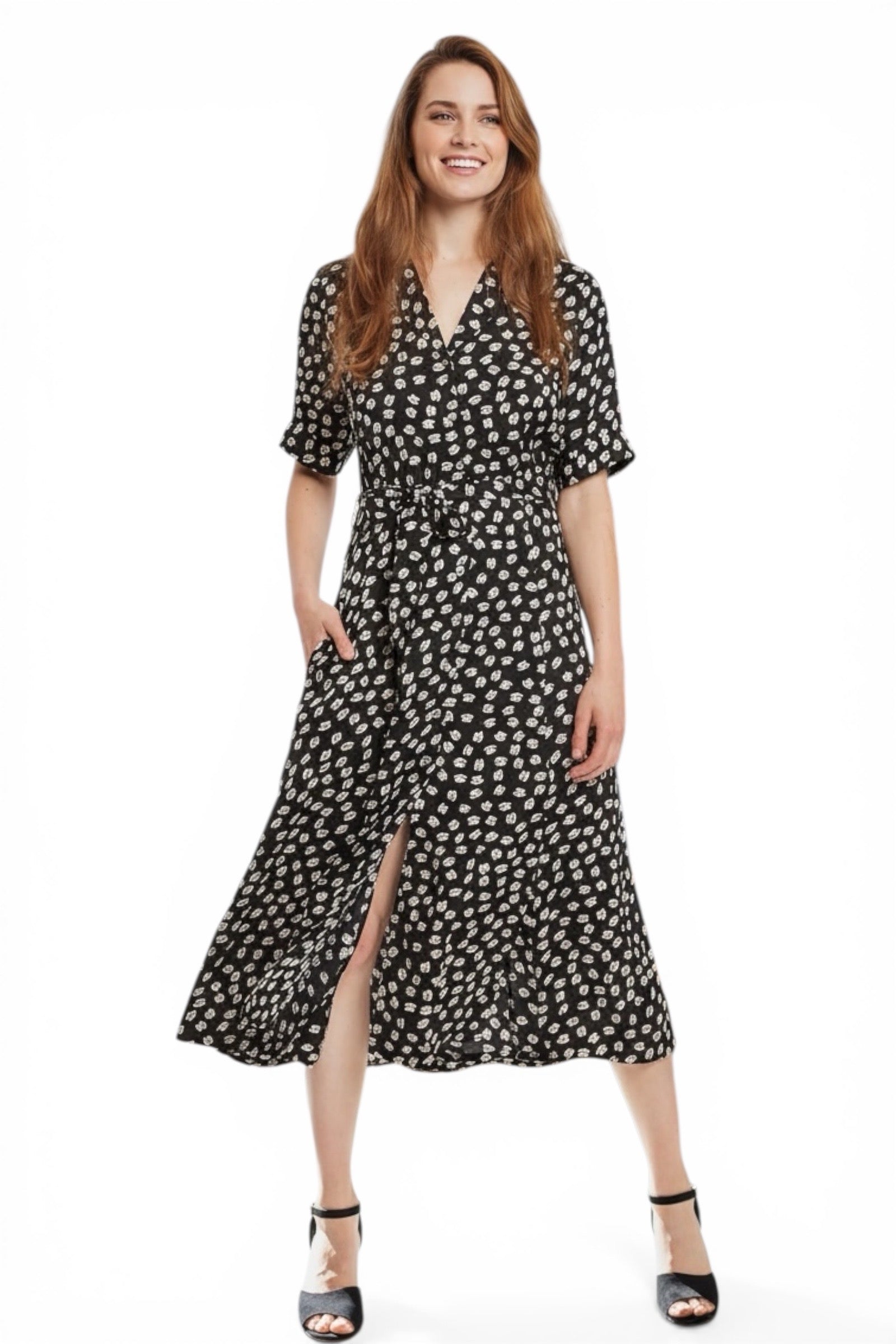 Louche Peta Call Me Print Short Sleeve Midi Shirt Dress - BlackWhite