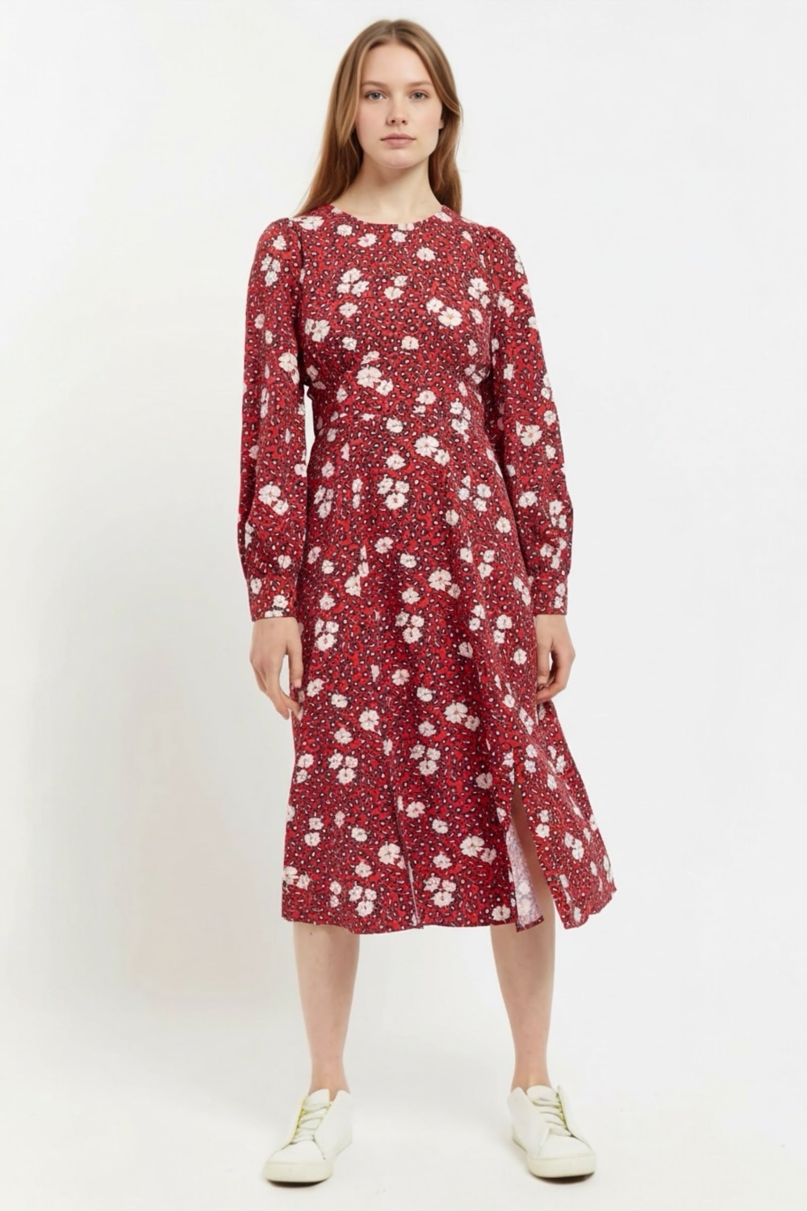 Louche Liv Roaring Daisy Print Long Sleeve Midi Dress Red - RedWhite