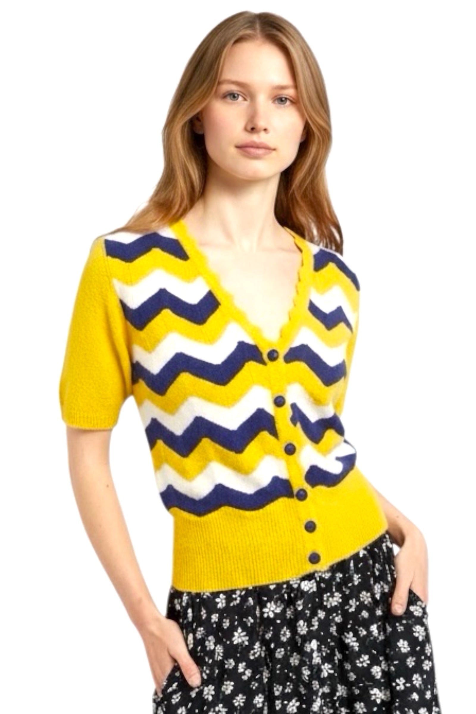 Louche Jeanie Zig Zag Stripe Short Sleeve Cardigan Mustard - Mustard