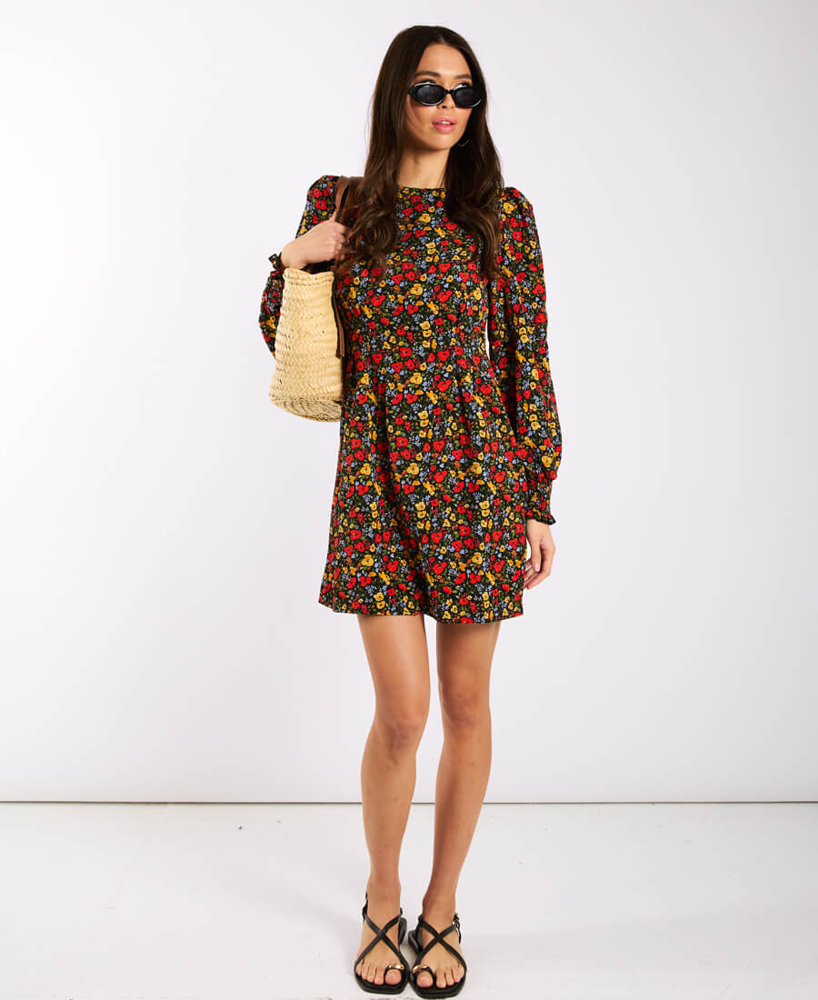 Red Floral Long Sleeve Mini Dress