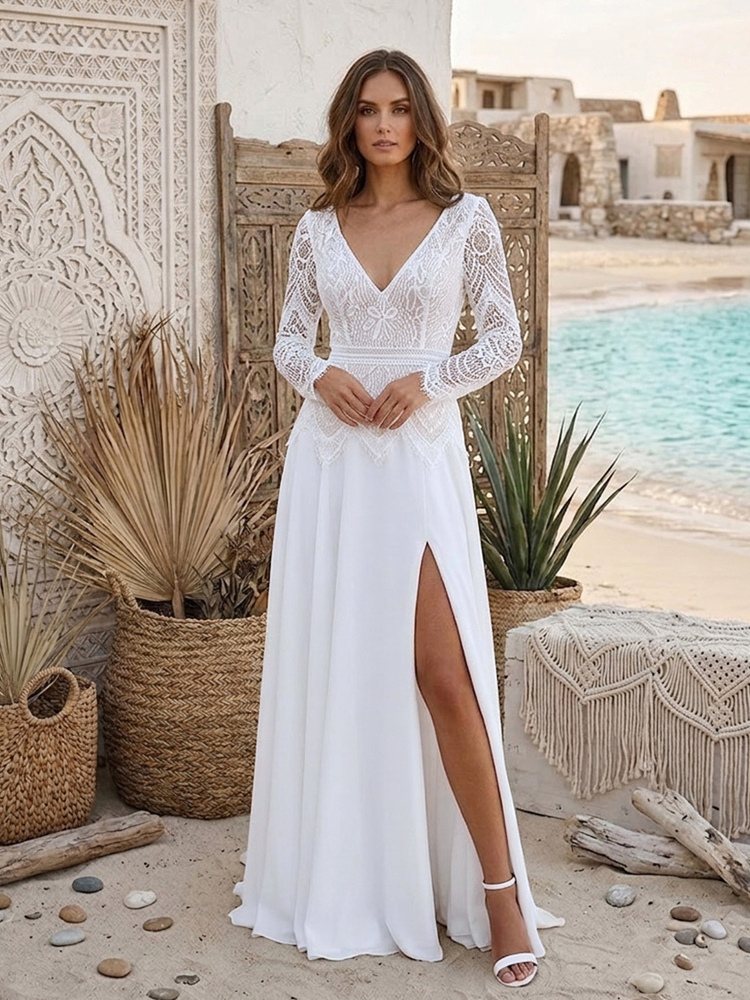 Two-piece Civil Wedding Dress Chiffon V-Neck With Train Zipper Long Sleeves Long Boho Wedding Dress
