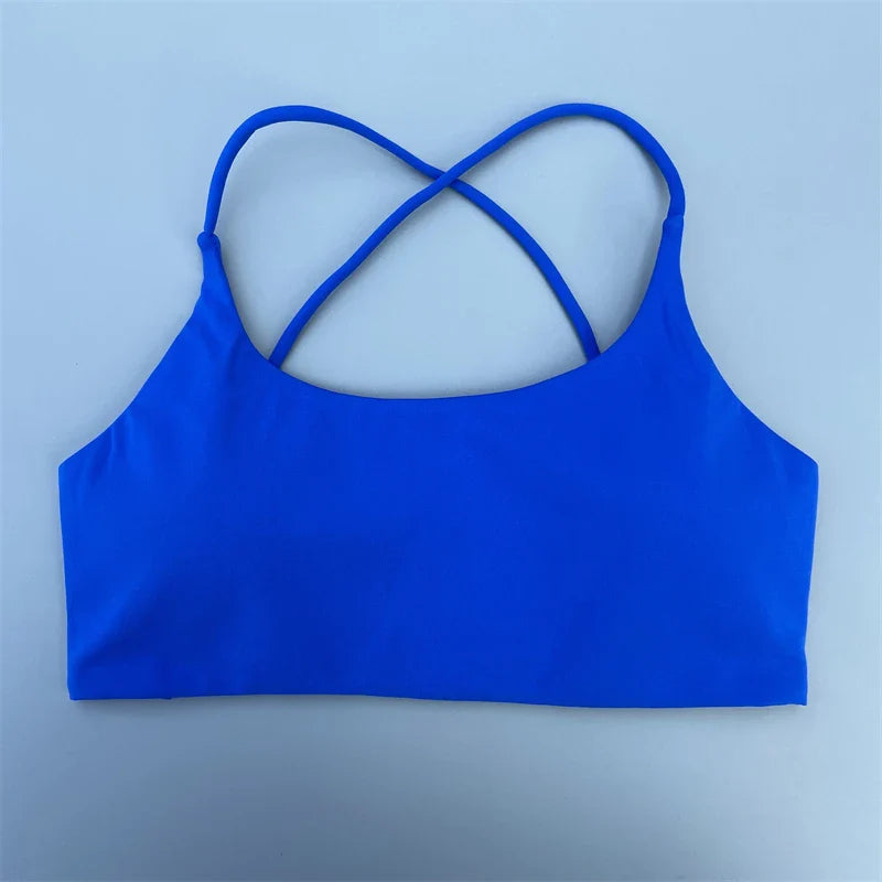 Women Sports Bra Sexy Cross Straps Back Fitness Bralette High Impact Gym Yoga Workout Crop Top Vest Push Up Running Underwear - Electric blue M
