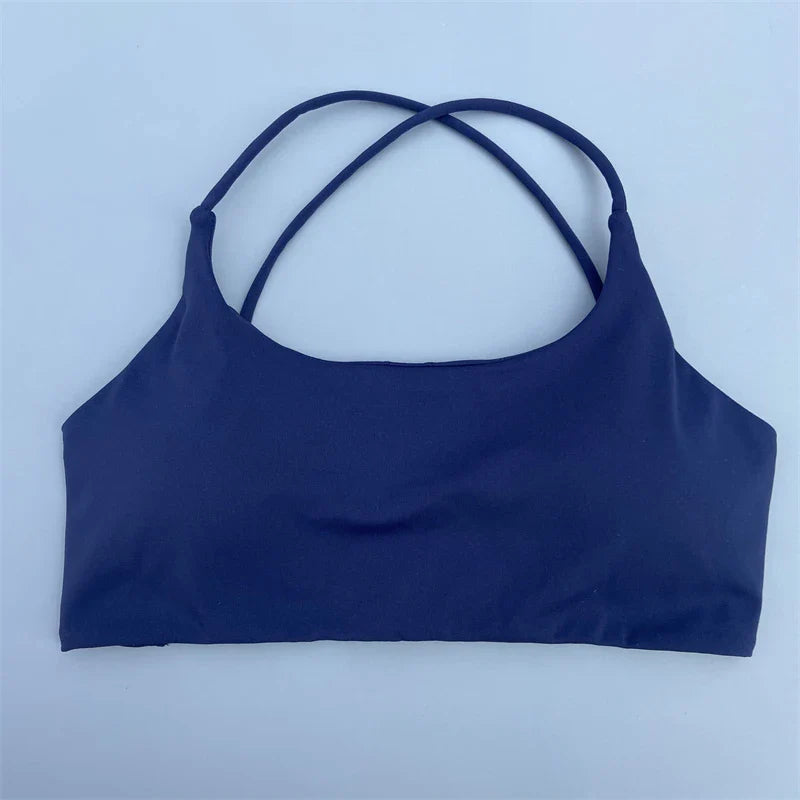Women Sports Bra Sexy Cross Straps Back Fitness Bralette High Impact Gym Yoga Workout Crop Top Vest Push Up Running Underwear - Navy Blue S