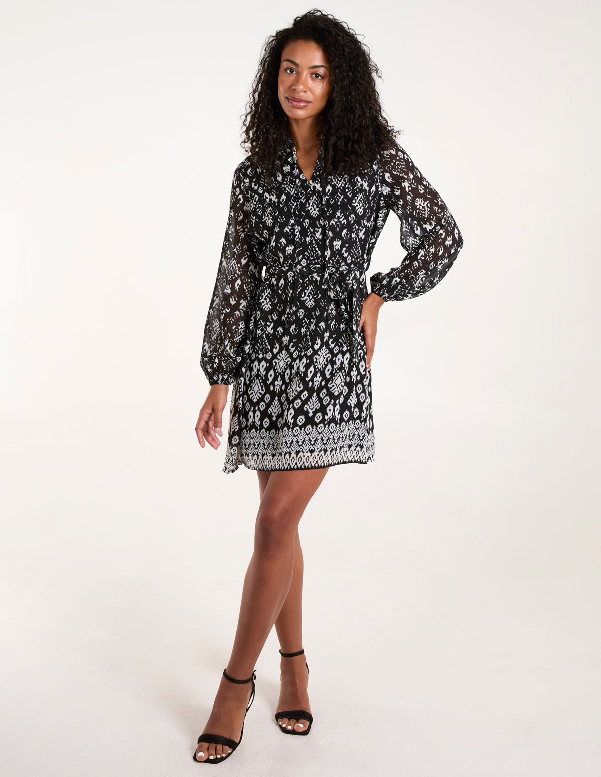 Tie Neck & Waist Mini Smock Dress - L BLACK PATTERN