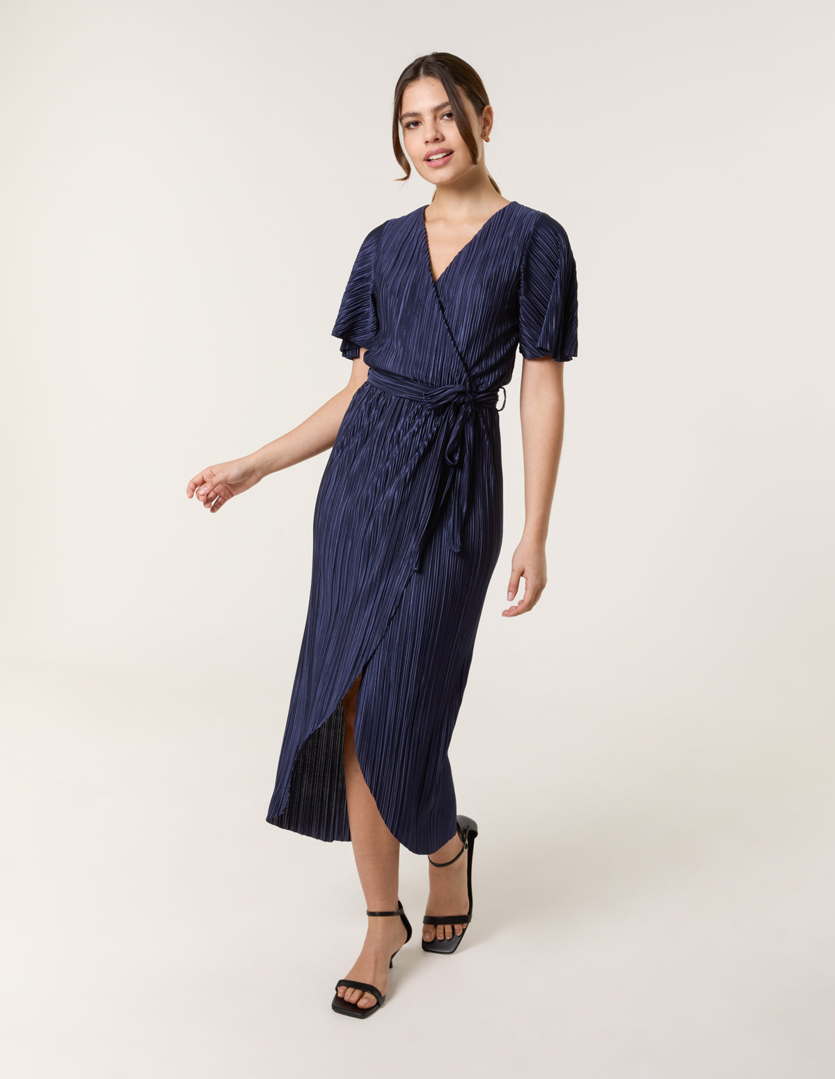 Plisse Wrap Over Midi Dress - NAVY