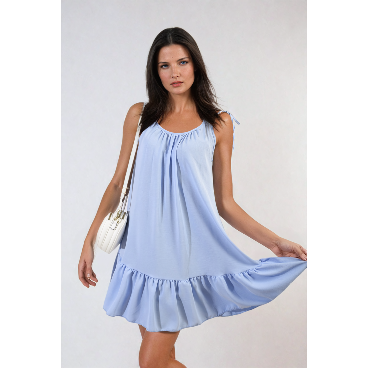 Backless Tie-up Spaghetti Strap Frill Hem Mini Dress - SKY BLUE ONE SIZE -