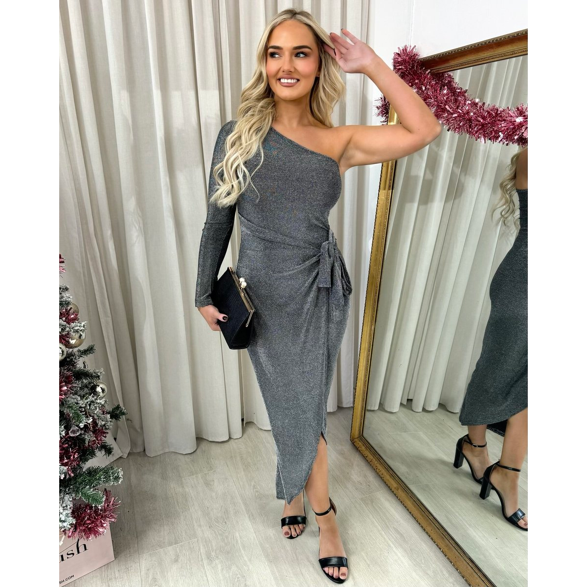 One Shoulder Wrap Front Glitter Midi Dress - Silver SM