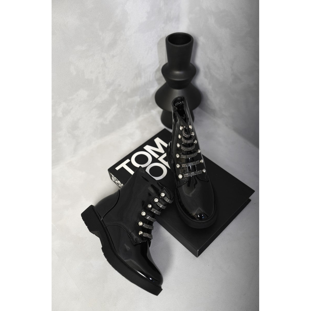 Lace Up Diamante Ankle Boots - Black .