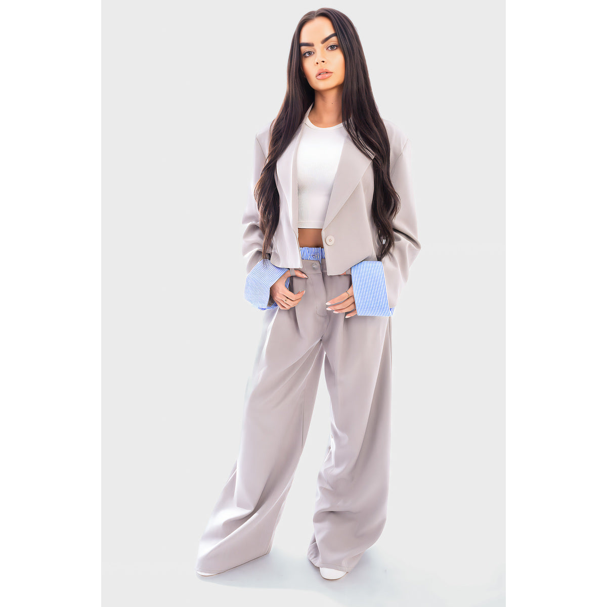 Long Sleeve Cropped Blazer Top And Straight Leg Trouser Co-ord Set - grey SM