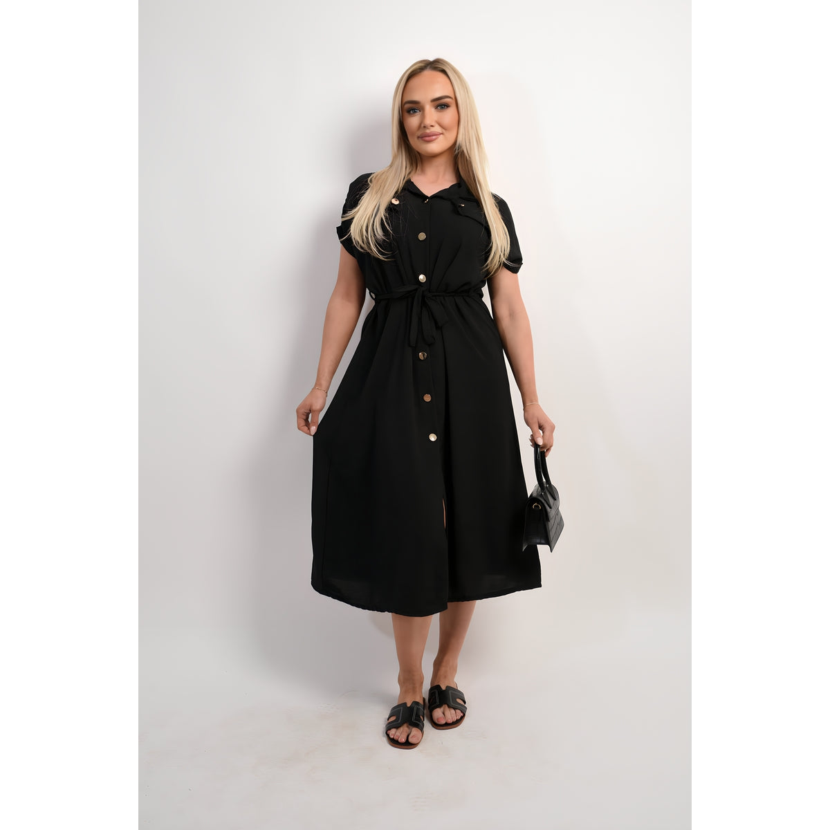 Collared Button Down Short Sleeve Tie Waist Midi Dress - Black ONE SIZE -