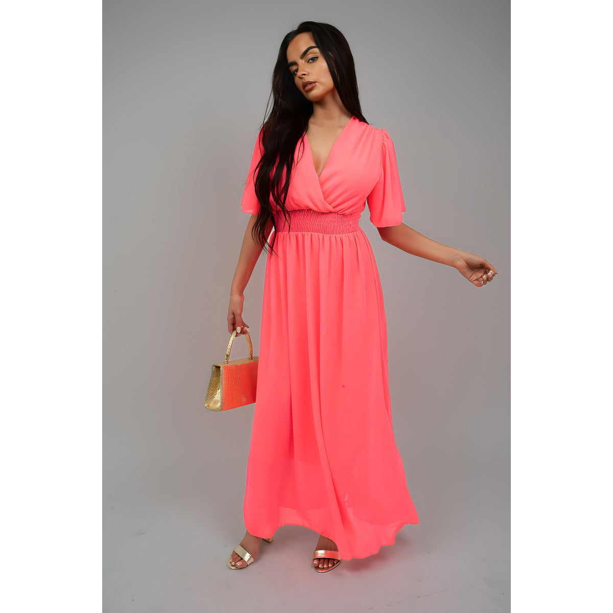 Smocked Waist V Neck Short Sleeve Flowy Maxi Dress - NEON PINK ML