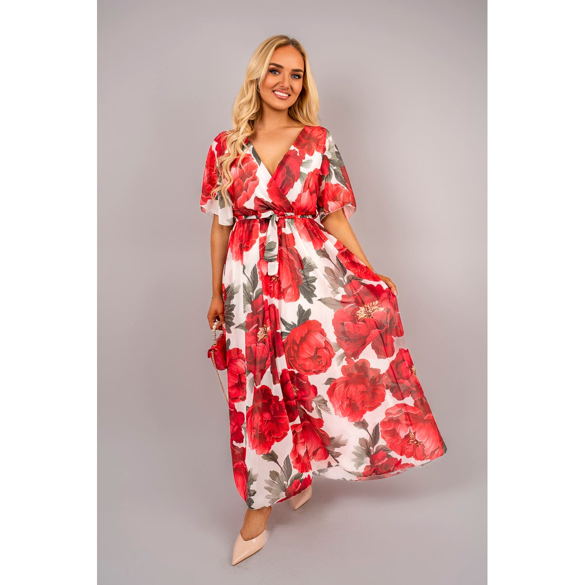 Floral V Neck Short Sleeve Maxi Dress with Tie Waist - White SM