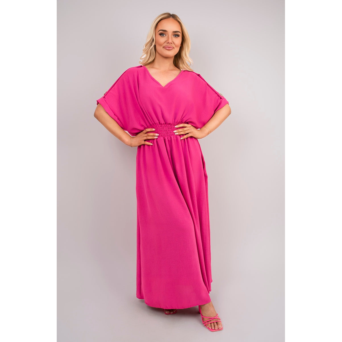 V Neck Short Sleeve Maxi Dress with Button Detail - Fuschia SM