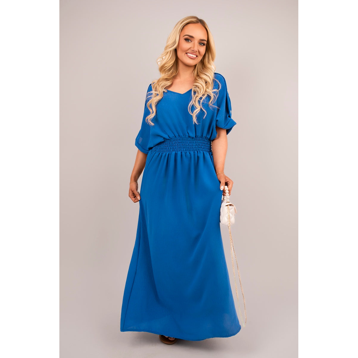 V Neck Short Sleeve Maxi Dress with Button Detail - Royal SM