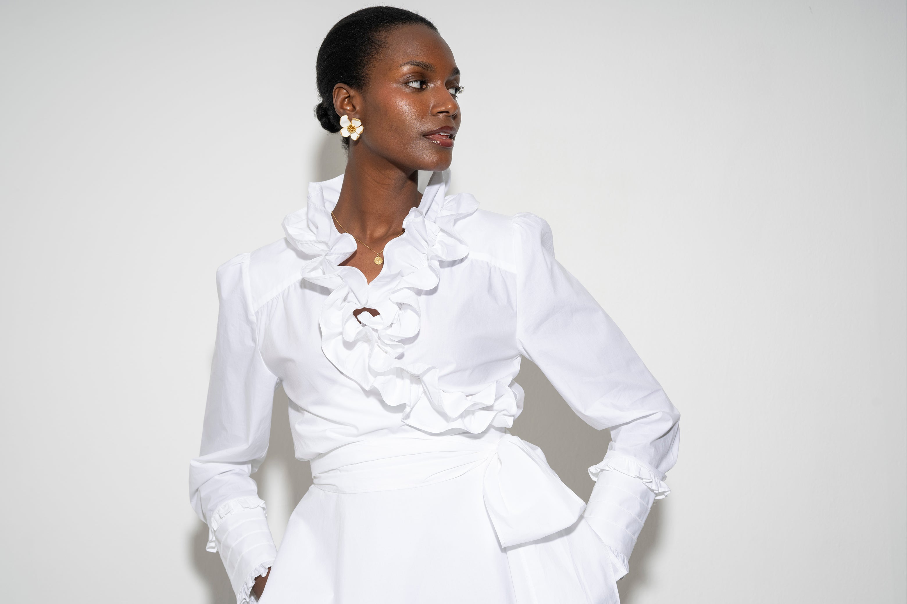 Vera Hourglass Fit Wrap Ruffle Front Blouse In White Cotton Poplin