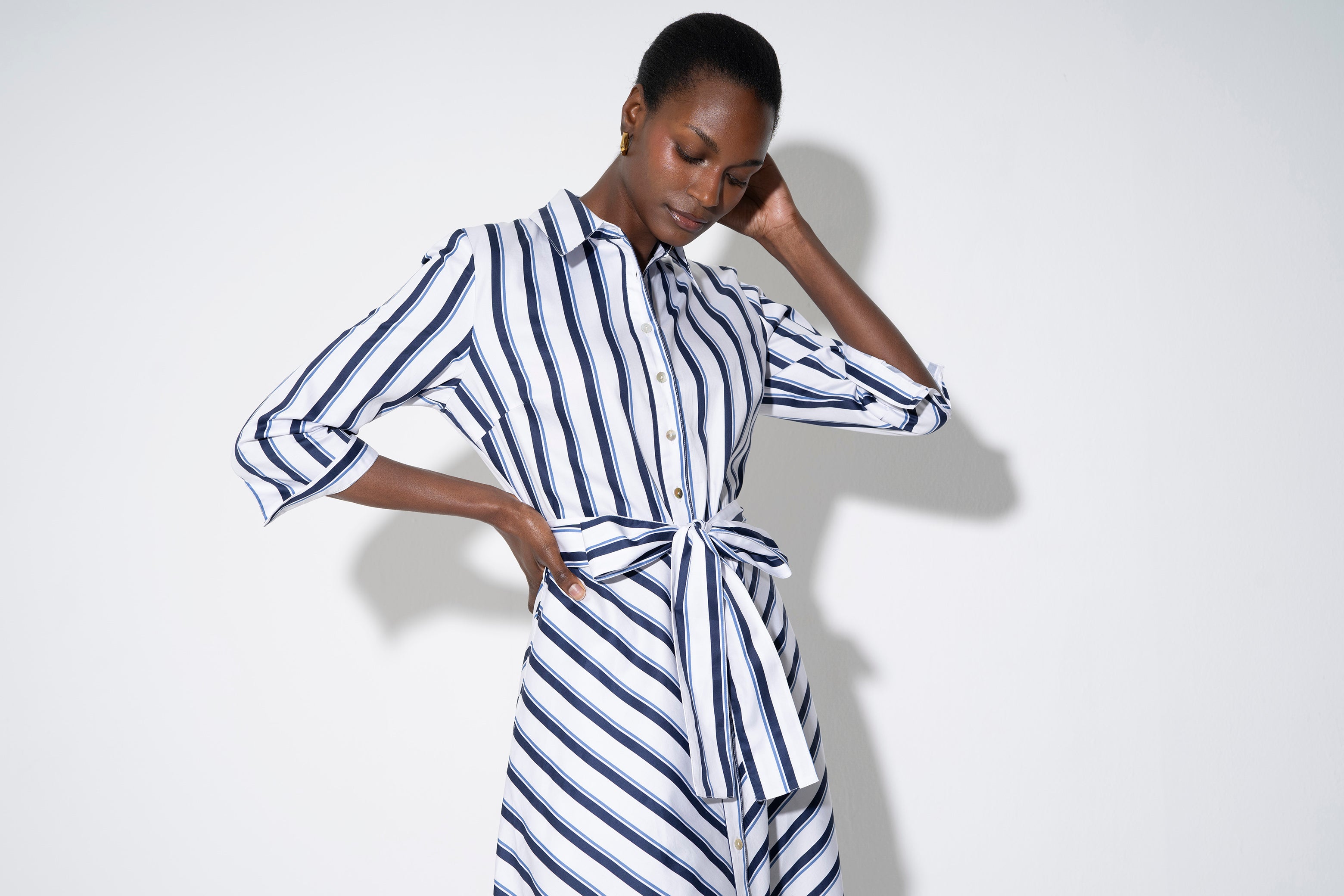 Veronica Regular Fit Midaxi Shirt Dress in Navy Stripe Cotton Sateen - Regular