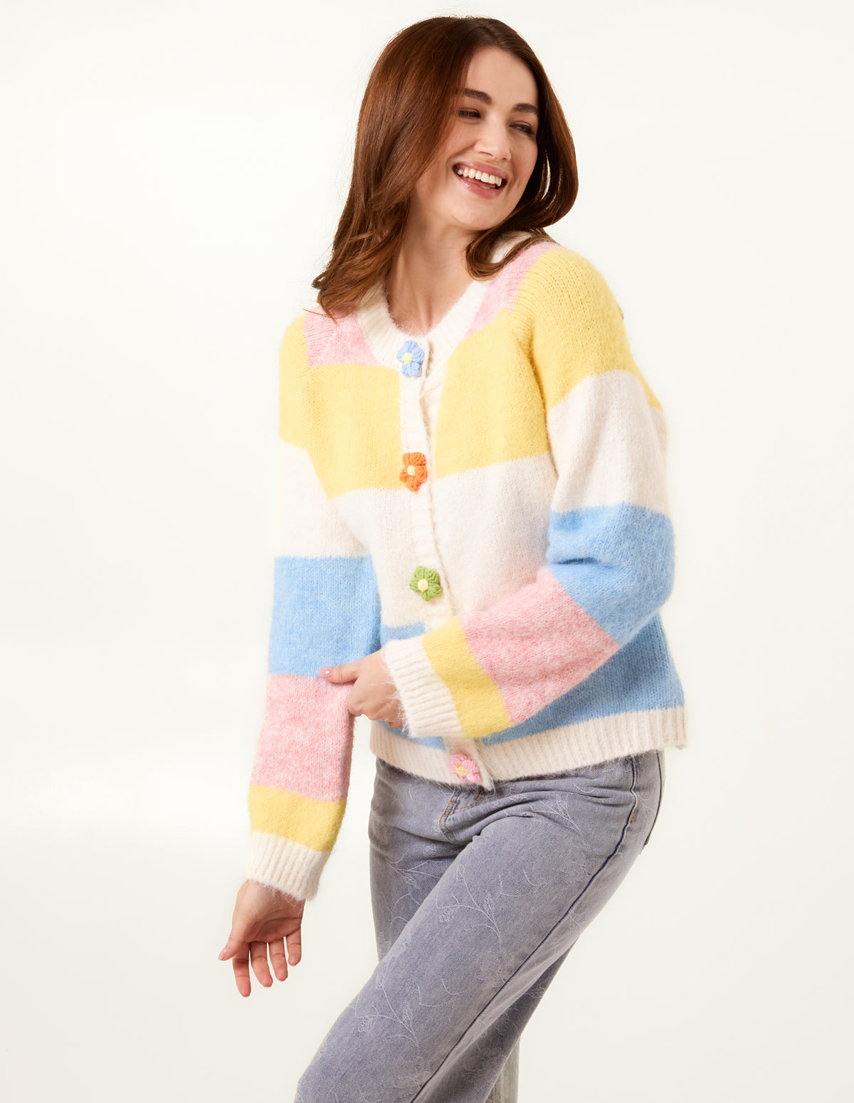 Multi Coloured Striped Cardigan With Flower Buttons - SM YELLOW