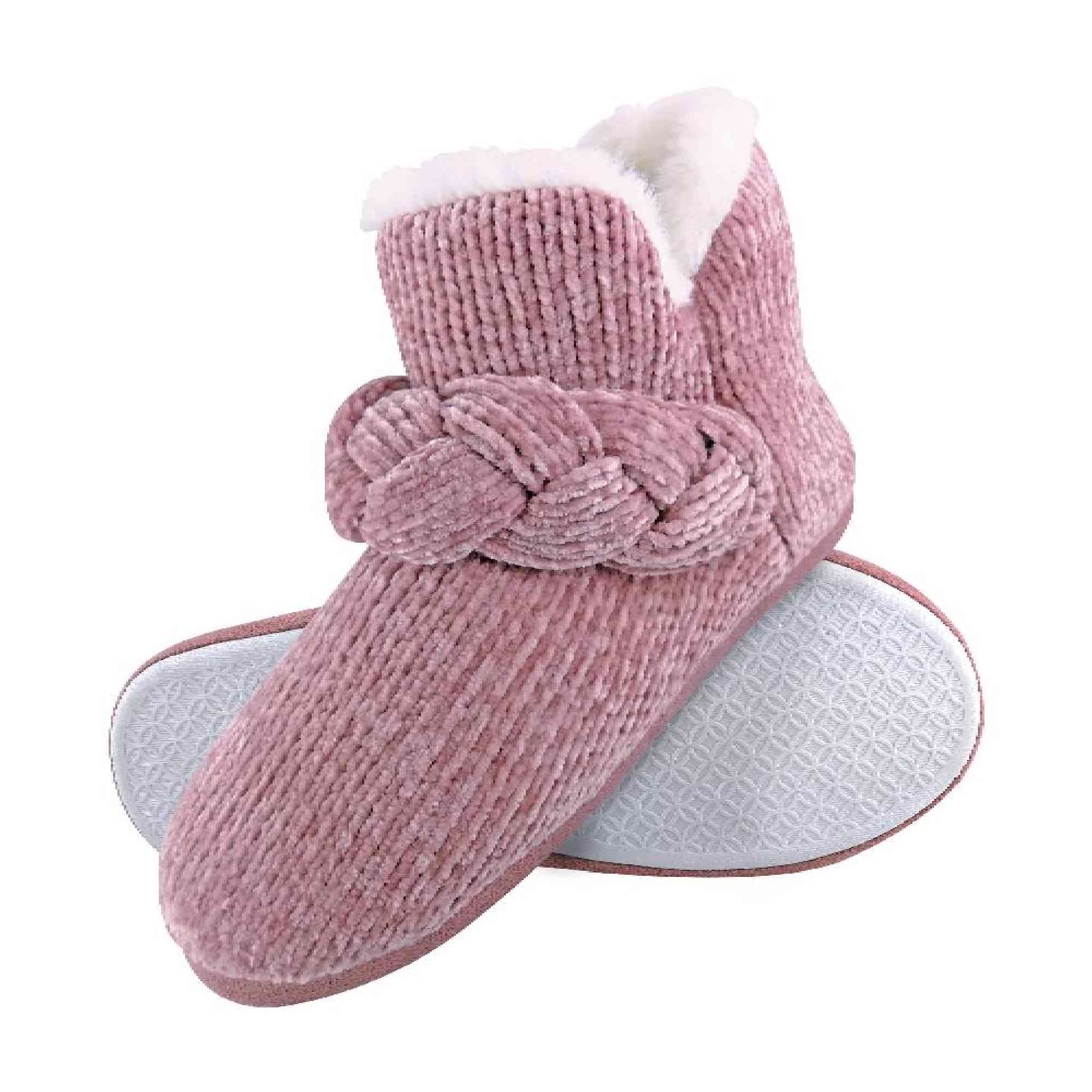 Ladies Knitted Warm Fleece Plush Slipper Boots Sizes - Pink