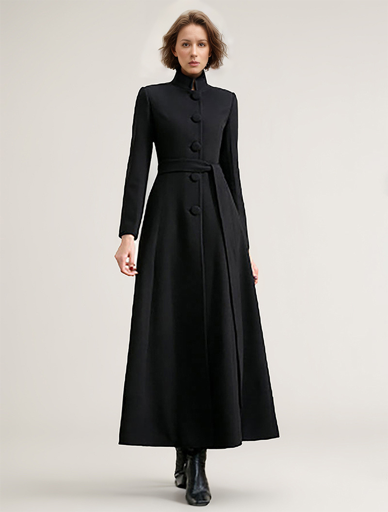 Wool Blend Long Coat Black Belted Stand Collar Winter Full Length Outerwear For Women