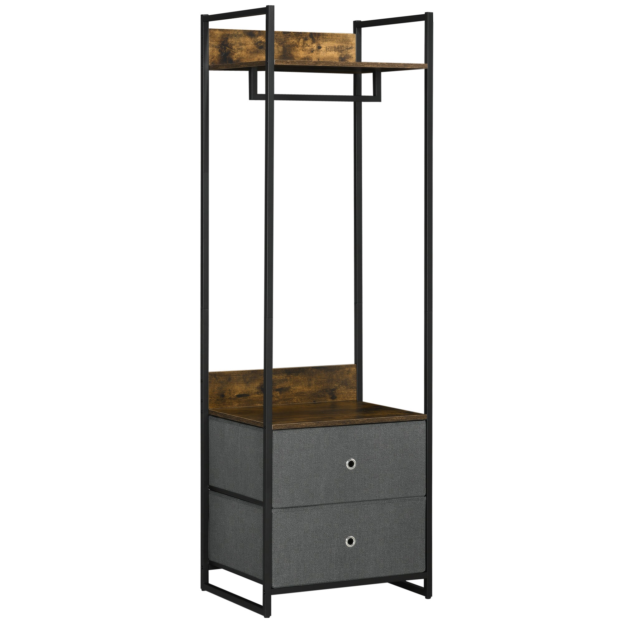 MCL Clothes Rail, Metal Coat Stand, Garment Rack with Fabric Storage Drawers, Single Wardrobe for Bedroom, Hallway, Rustic Brown and Grey