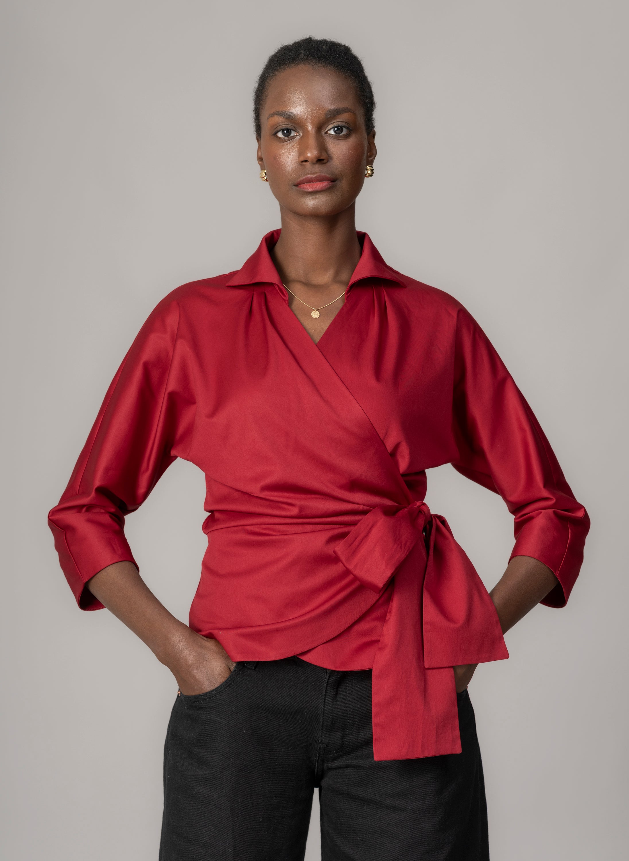 Abigail Hourglass Fit Wrap Blouse In Ruby Red Cotton Sateen