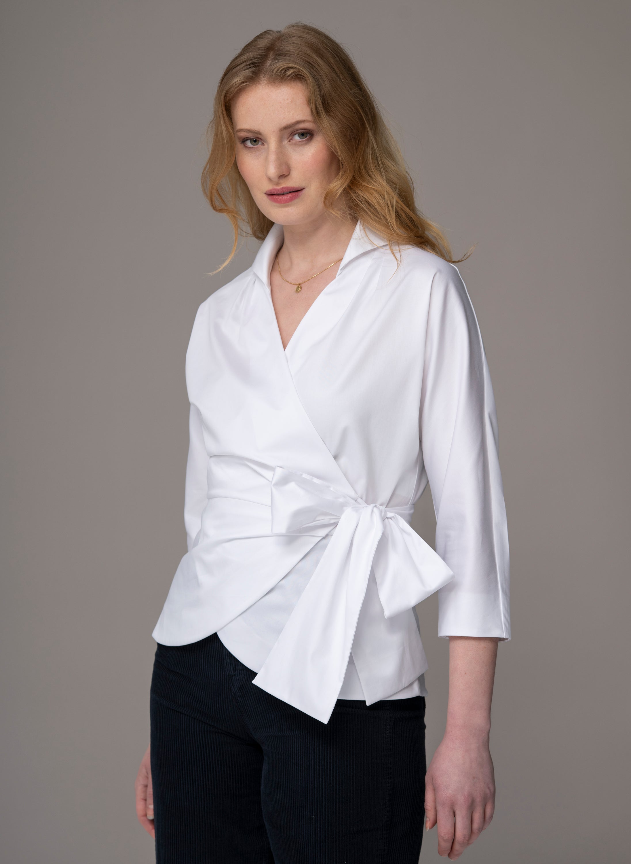 Abigail Hourglass Fit Wrap Blouse In White Cotton Sateen
