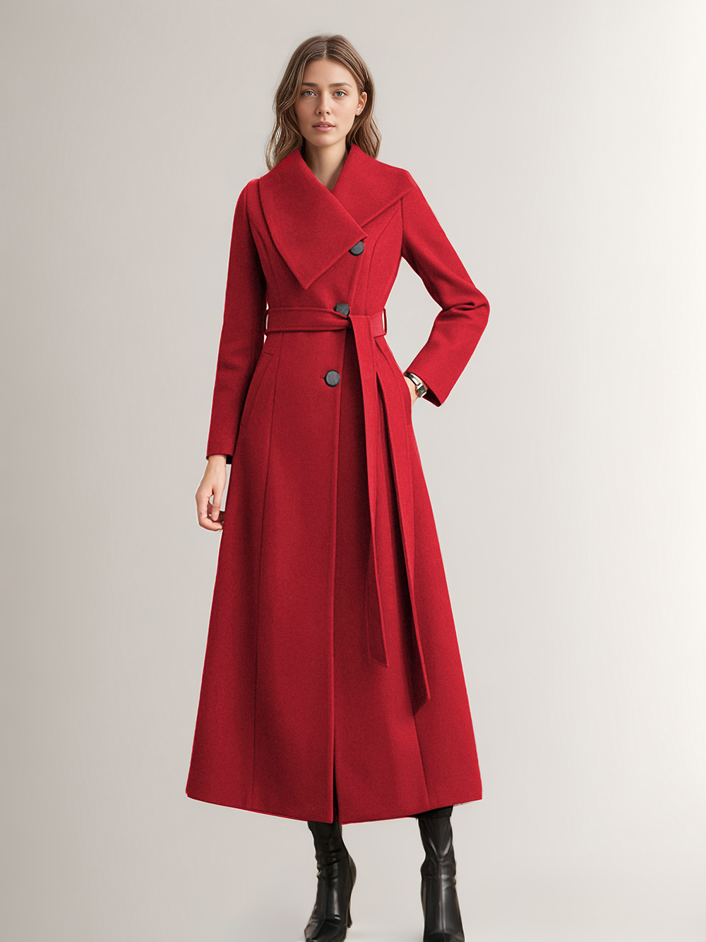 Long Coat For Woman Red Belted Wide Collar Warm Winter Outerwear
