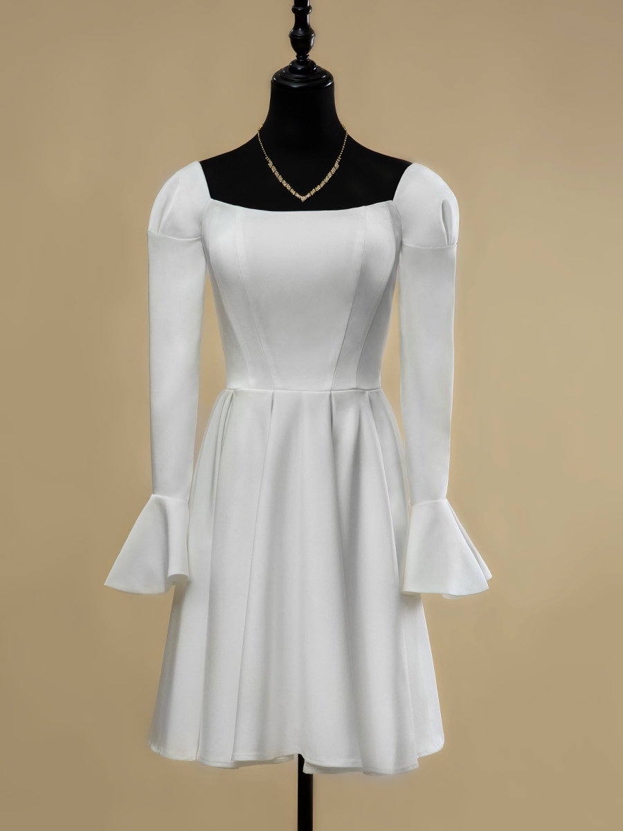 Short Wedding Dress Square Neck Long Sleeves A-Line Short Short Bridal Dress