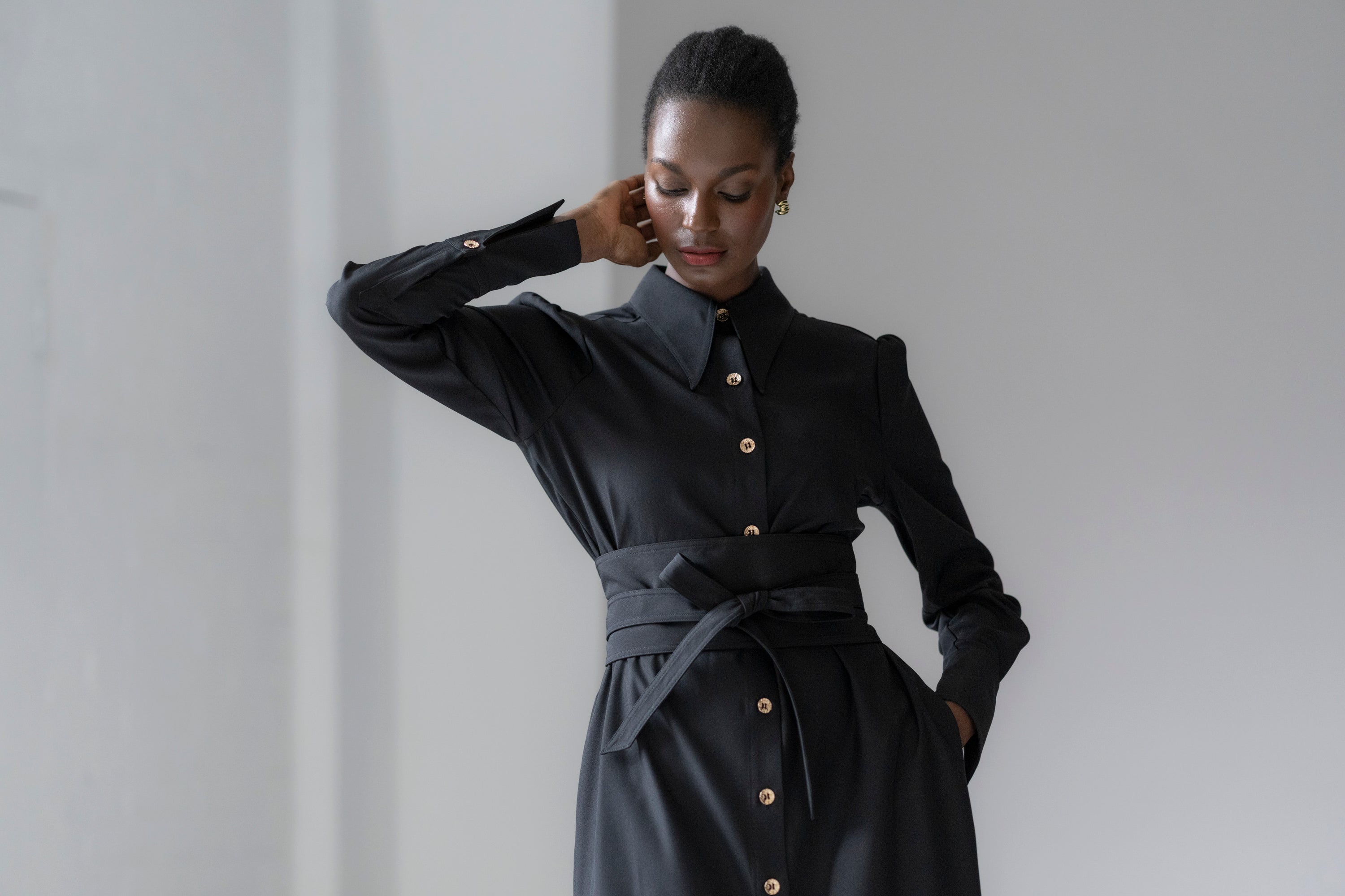 Allegra Hourglass Fit Everyday Midi Shirt Dress With Obi Belt In Black Crepe
