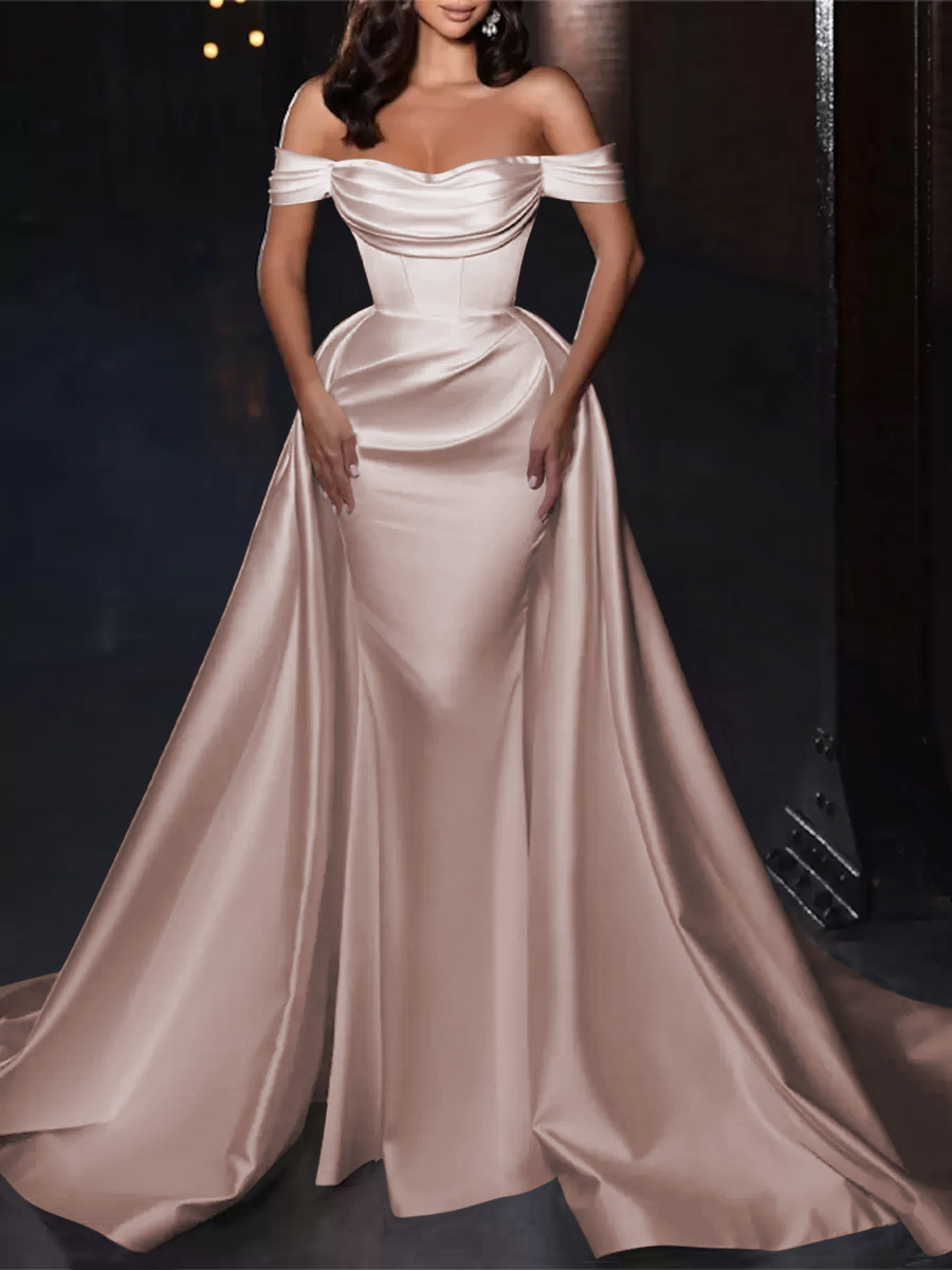 With Cocktail Dress Pretty Short Knee-Length Off-The-Shoulder Pleated Satin Fabric