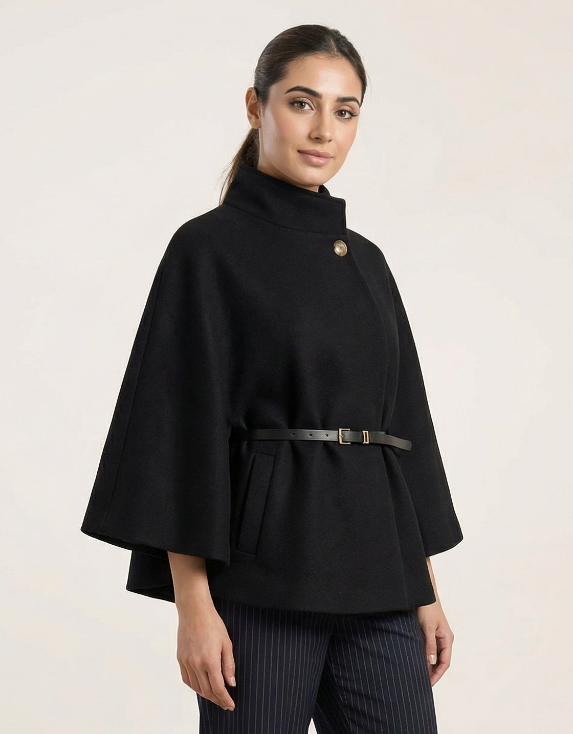 Belted Cape Coat - ONE BLACK