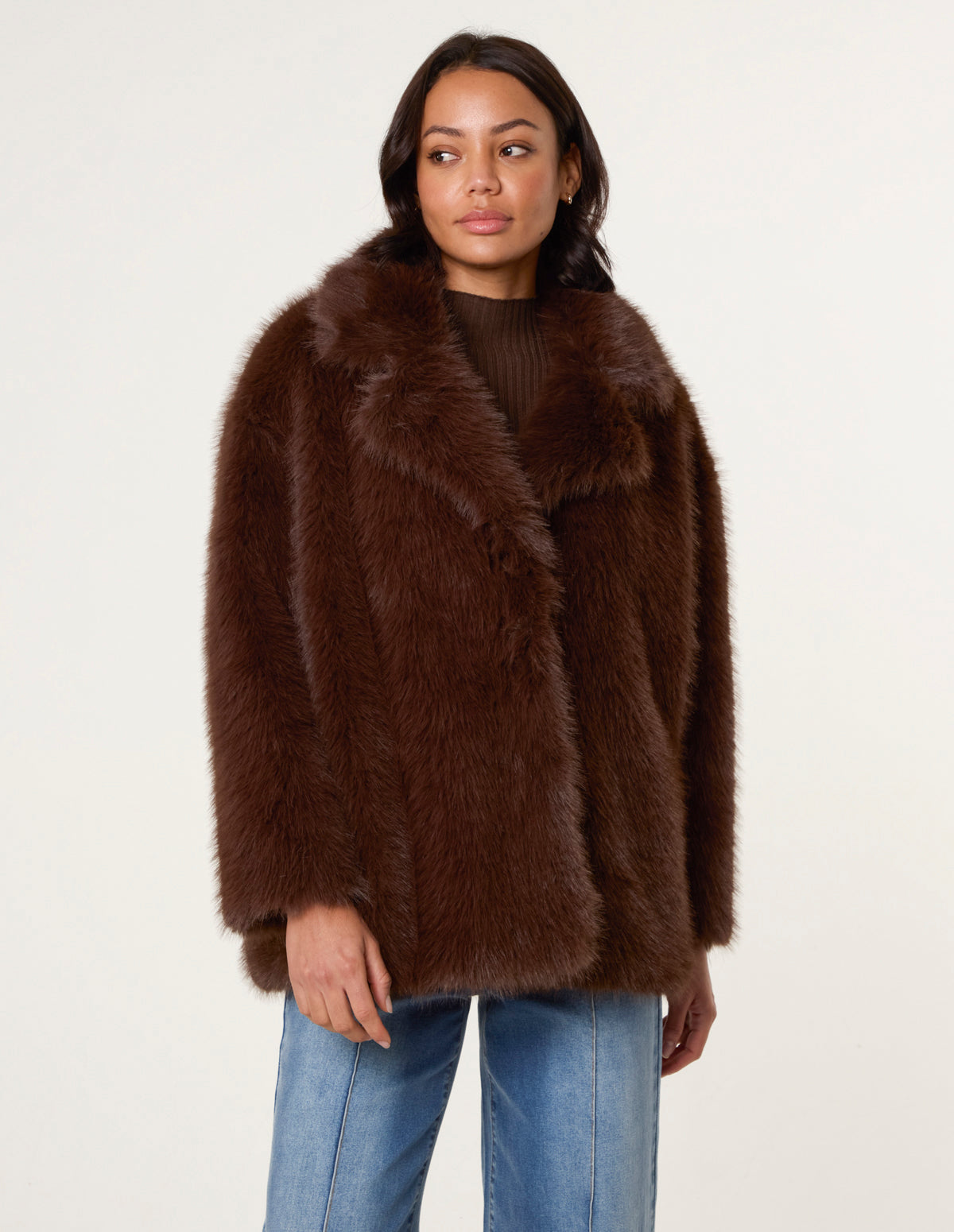 Short Faux Fur Coat - BROWN