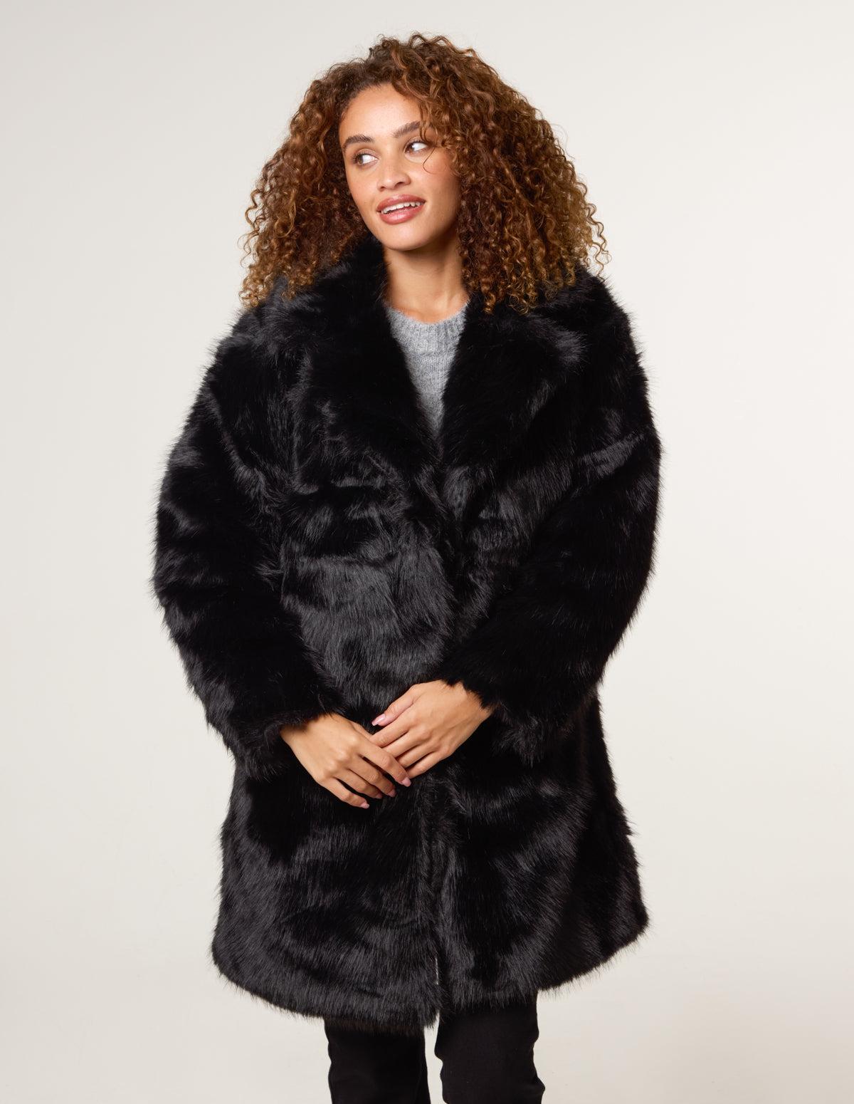 Faux Fur Long Coat - S BLACK