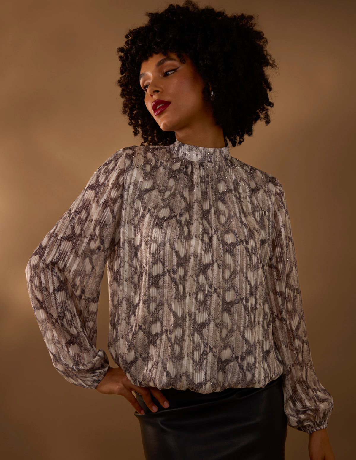 Rhinestone Studded Snake Print Blouse - L SNAKE