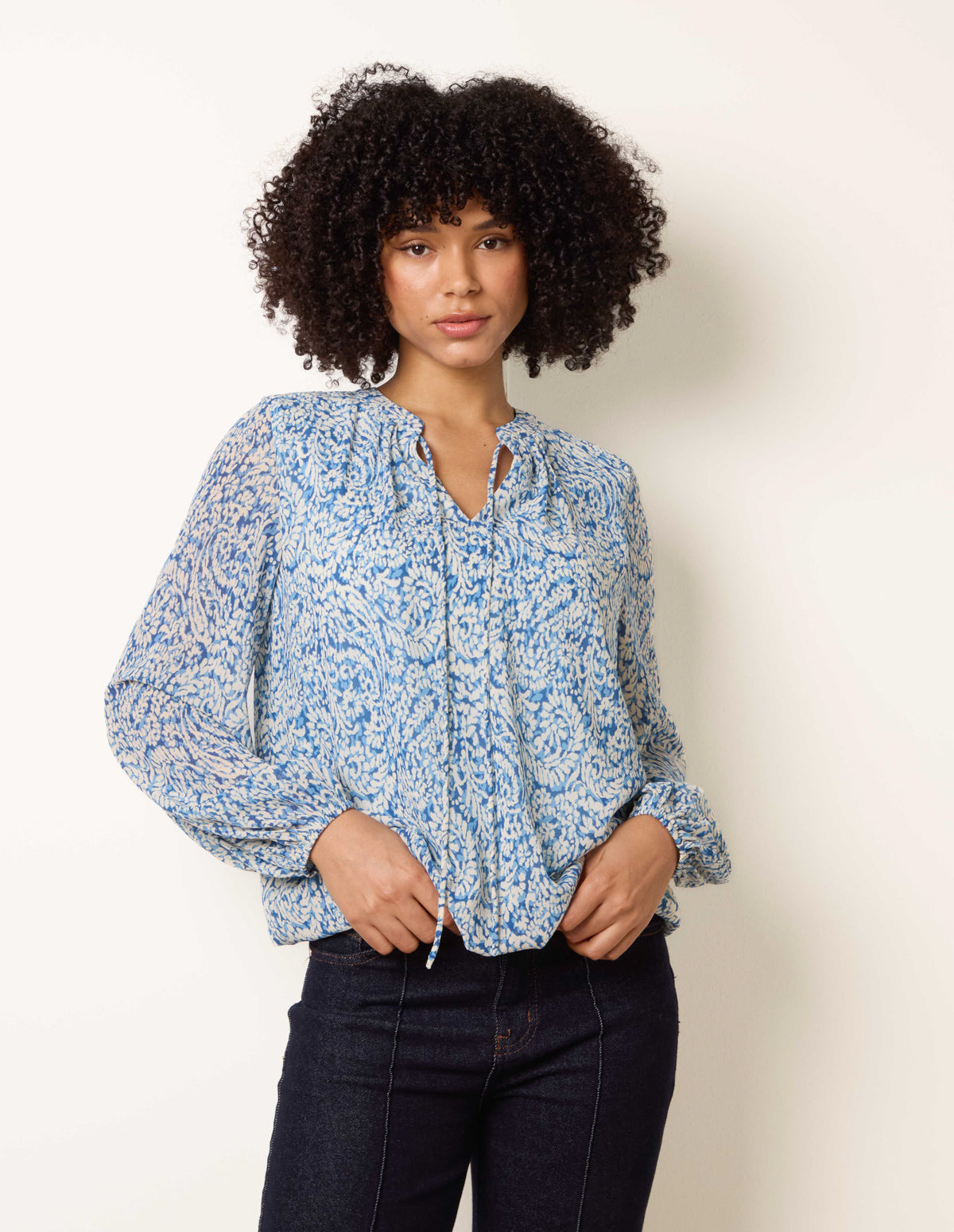 Grandad Tie Neck Puff Hem Watercolour Blouse - S BLUE PRINT