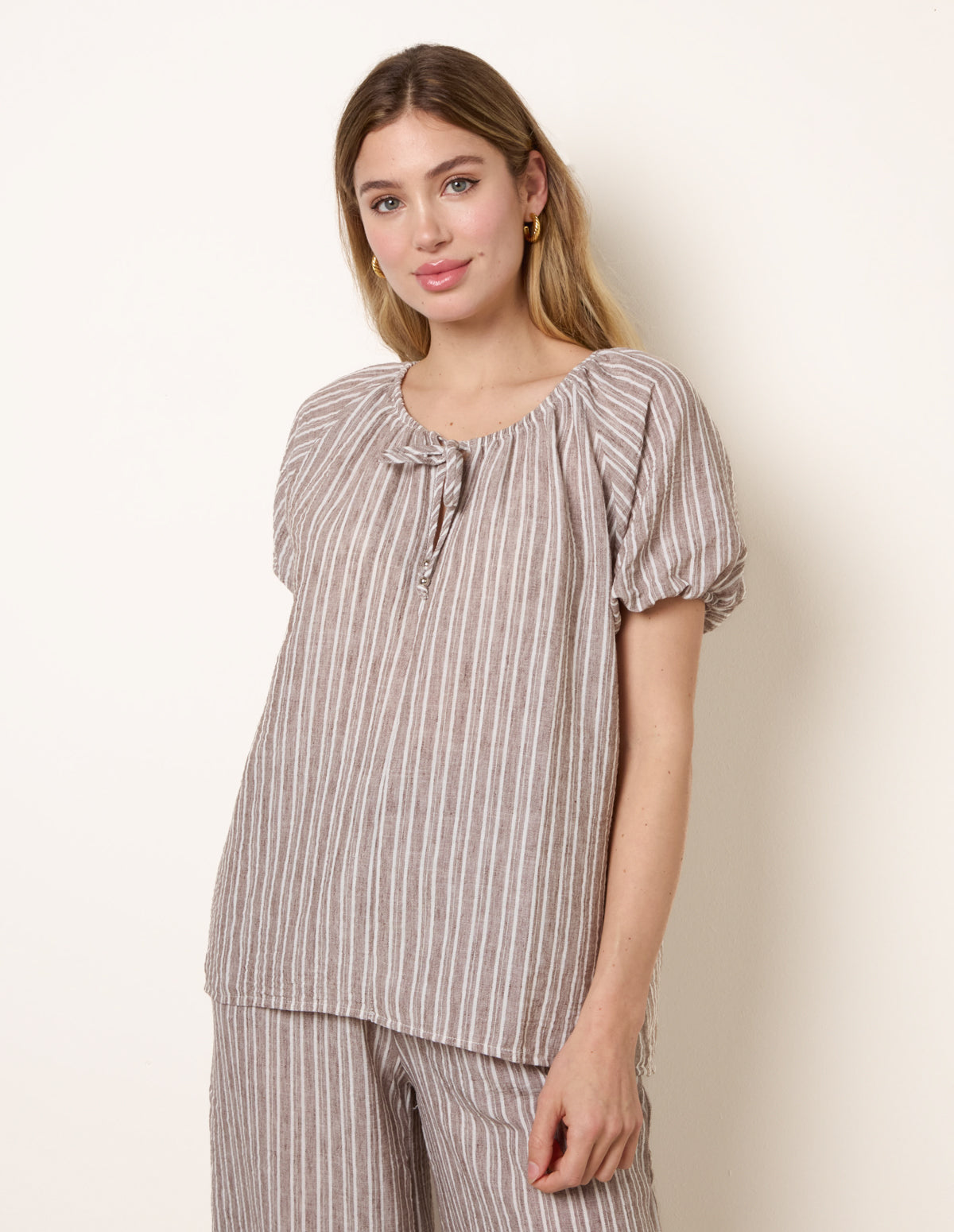 Tie Front Stripe Blouse - S CHOCOLATE