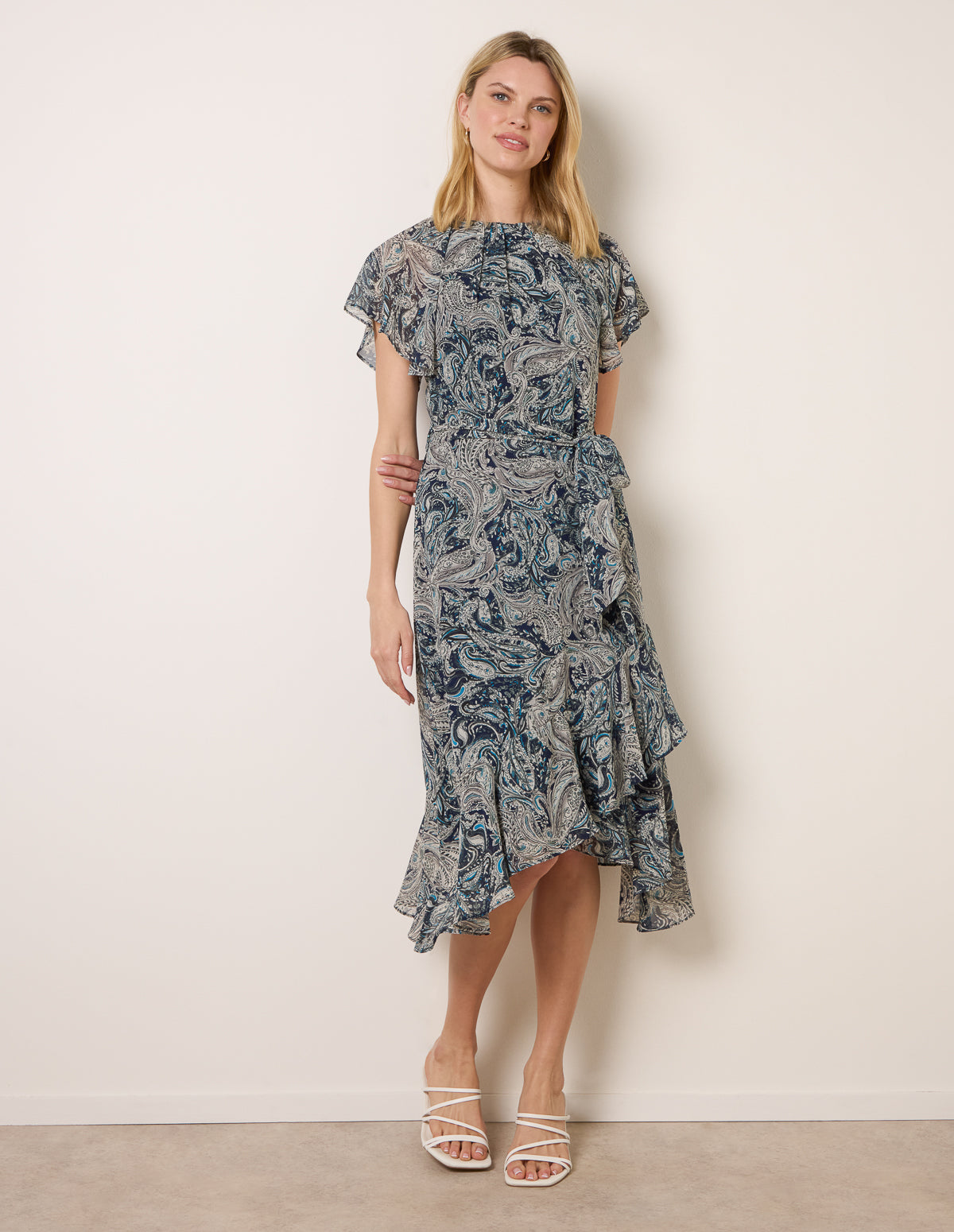 Paisley Print Angel Sleeve Asymmetric Midi Dress - NAVY