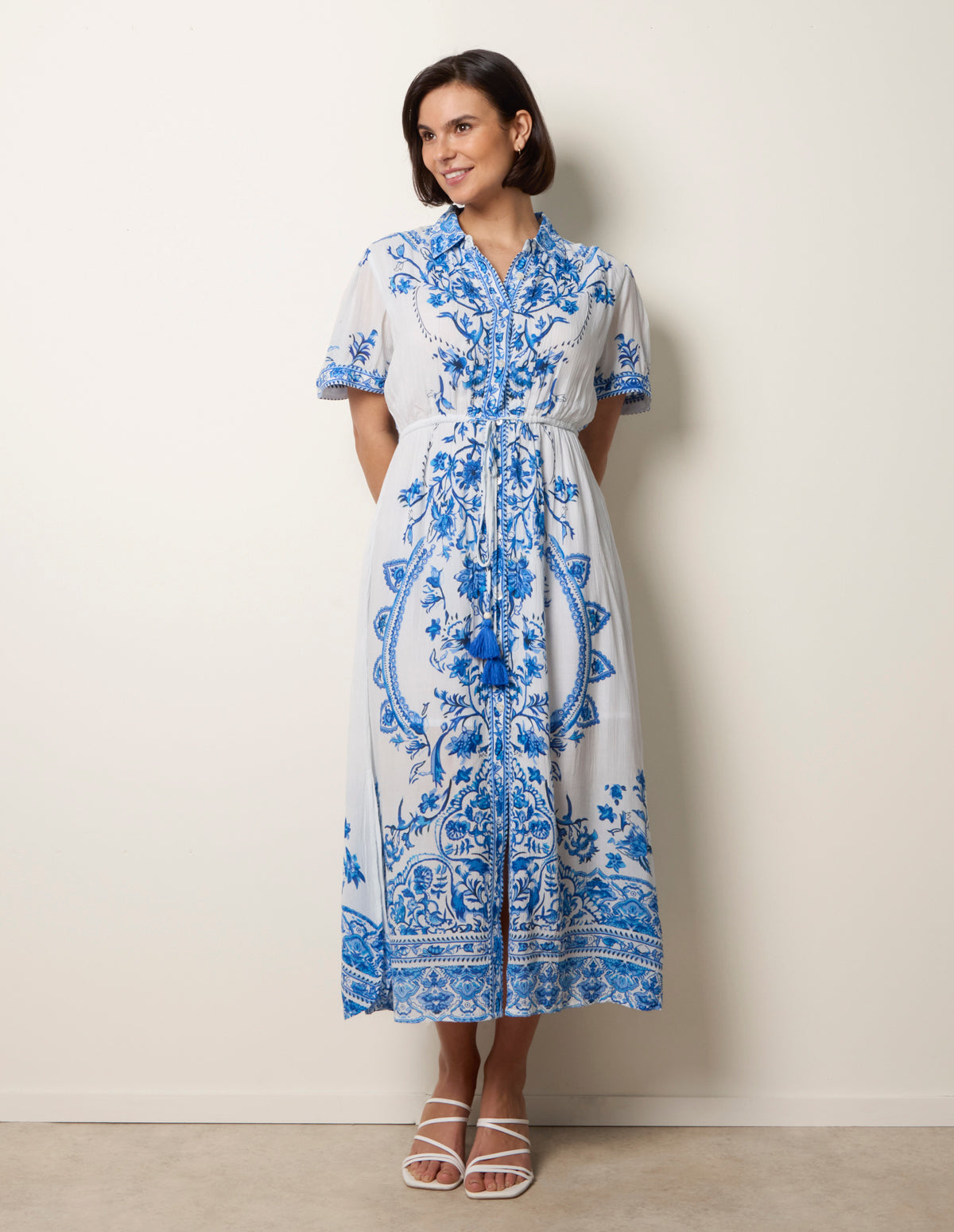 Floral Blue Print Drawstring Dress - S BLUE