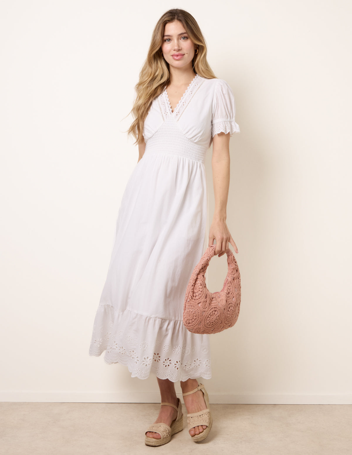 Embroidery Detail V-Neck Dress - IVORY