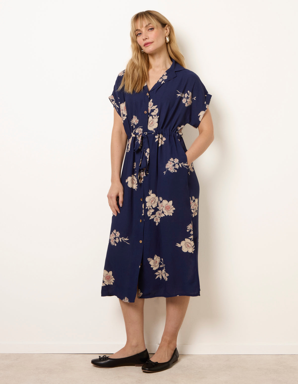 Drawstring Midi Shirt Dress - SM NAVY